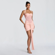 Mesh splicing twisted neck hanging ribbon dress