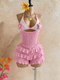 Knitted hand hooked ruffle edge hanging neck strap hollow jumpsuit