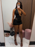 Deep V hollow metal hanging neck top, hip hugging short skirt set