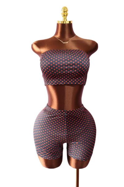 Two piece set of black polka dot strapless shorts