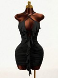 Backless V-neck wrapped buttocks with black fungus edge A-line short skirt