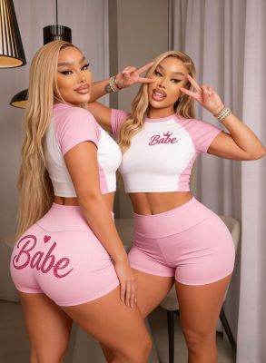 Sparkling pink printed color blocked short sleeved shorts set