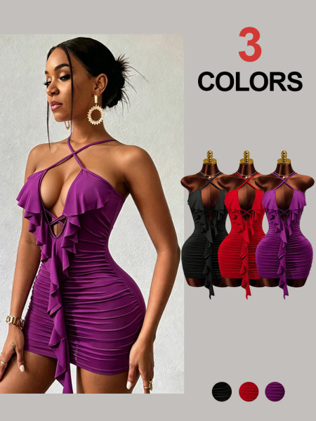 Backless V-neck wrapped buttocks with black fungus edge A-line short skirt