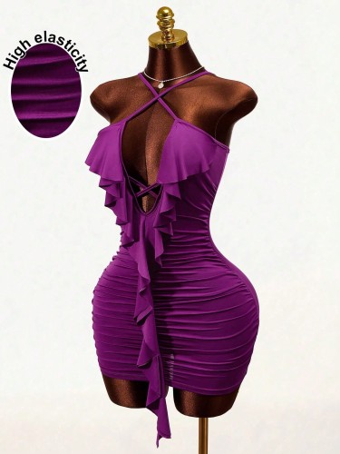 Backless V-neck wrapped buttocks with black fungus edge A-line short skirt