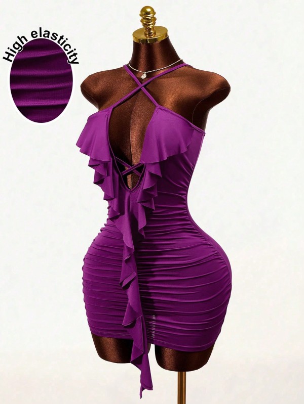 Backless V-neck wrapped buttocks with black fungus edge A-line short skirt