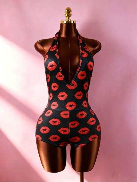 Lip print hanging neck deep V backless tight fitting jumpsuit