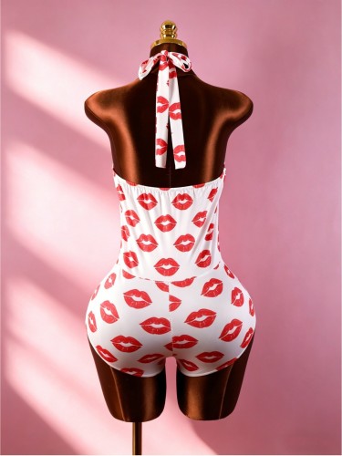 Lip print hanging neck deep V backless tight fitting jumpsuit