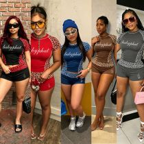 Printed leopard print patchwork short sleeved sports shorts two-piece set