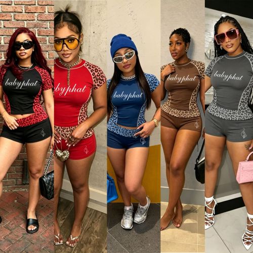 Printed leopard print patchwork short sleeved sports shorts two-piece set