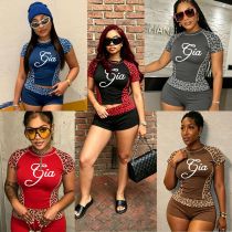 Printed leopard print patchwork short sleeved sports shorts two-piece set