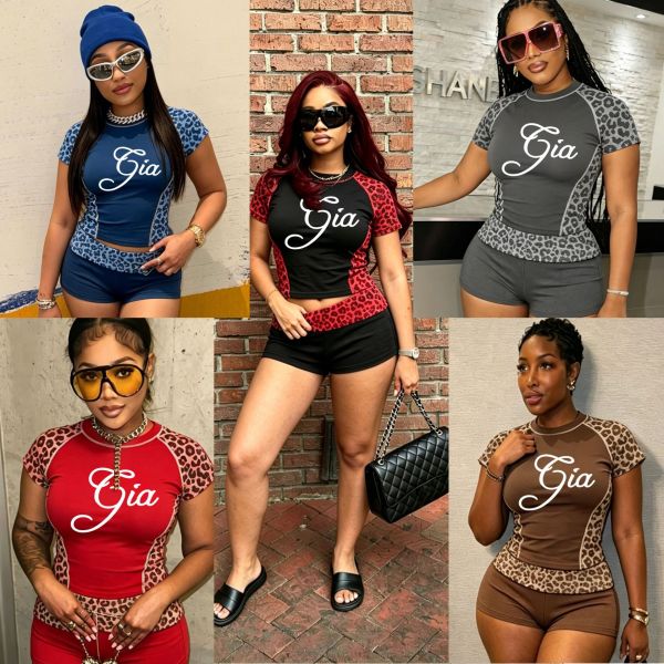 Printed leopard print patchwork short sleeved sports shorts two-piece set