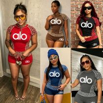 Printed leopard print patchwork short sleeved sports shorts two-piece set