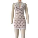 Hanging neck backless polka dot lace hip hugging dress
