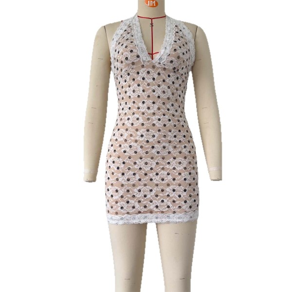 Hanging neck backless polka dot lace hip hugging dress
