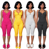Elastic wave dot printed neck hanging deep V set
