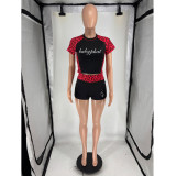 Printed leopard print patchwork short sleeved sports shorts two-piece set