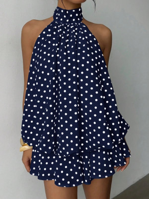 Irregular neck hanging dress, solid color backless sleeveless short skirt