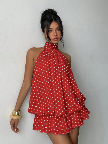 Irregular neck hanging dress, solid color backless sleeveless short skirt