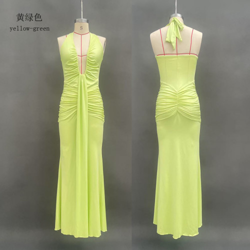 Hanging neck deep V-waist long skirt with exposed back and floating ribbon fish tail dress
