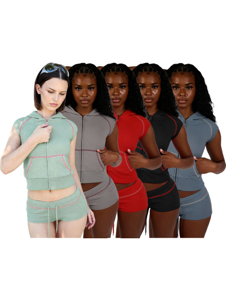 Waffle Hooded Zipper Top Drawstring Shorts Two Piece Set