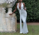 Hanging neck deep V-waist long skirt with exposed back and floating ribbon fish tail dress