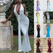 Hanging neck deep V-waist long skirt with exposed back and floating ribbon fish tail dress