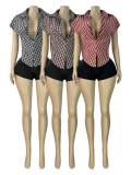 Plaid lapel deep V cinched sleeveless short top