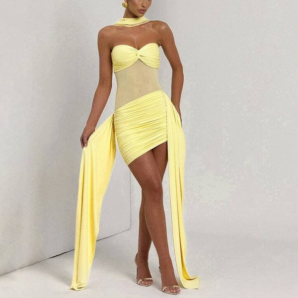 Mesh patchwork ribbon solid color strapless dress