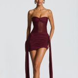 Mesh patchwork ribbon solid color strapless dress