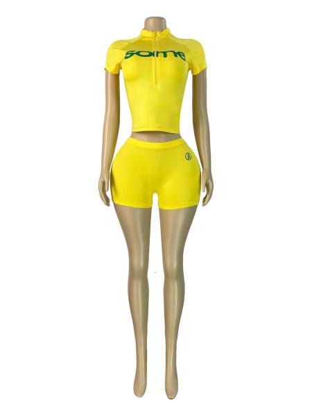 Letter print half zip short sleeved top, tight shorts two-piece set