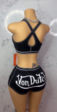 Letter print contrasting neck hanging vest shorts set