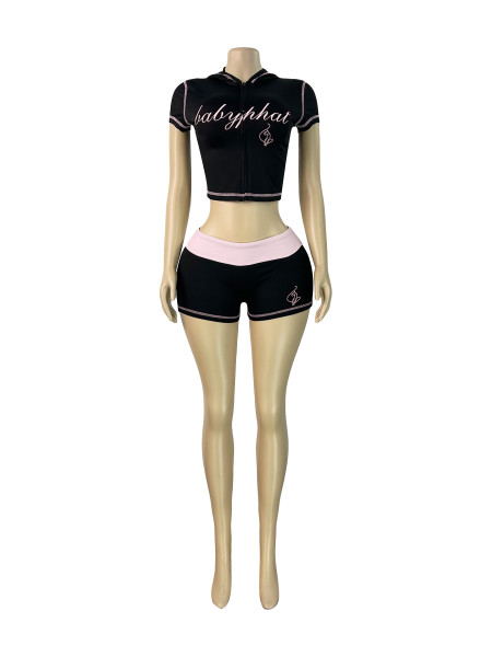 Letter print hooded crop top short sleeved contrasting shorts set