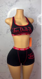 Letter print contrasting neck hanging vest shorts set