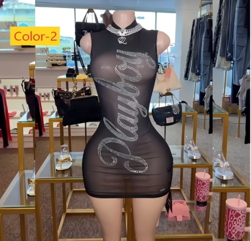 High neck sleeveless mesh rhinestone dress