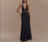 Long deep V-stitch neck and waist cinching dress