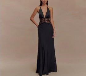 Long deep V-stitch neck and waist cinching dress