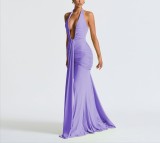 Hanging neck deep V-waist long skirt with exposed back and floating ribbon fish tail dress