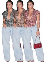 Plaid lapel deep V cinched sleeveless short top