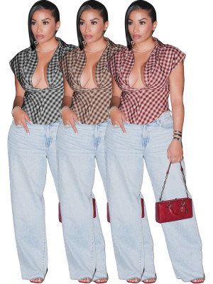 Plaid lapel deep V cinched sleeveless short top