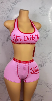Letter print contrasting neck hanging vest shorts set