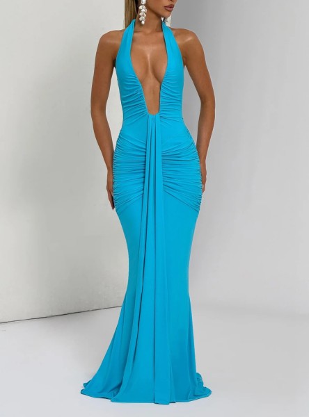 Hanging neck deep V-waist long skirt with exposed back and floating ribbon fish tail dress
