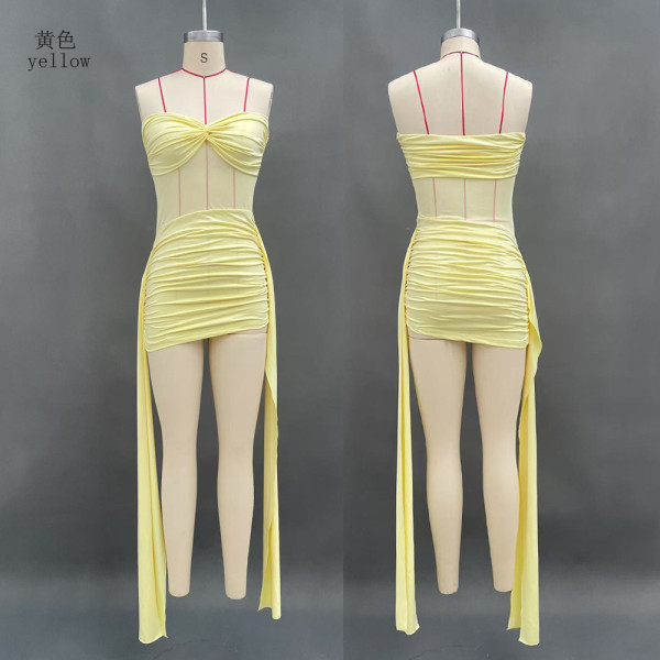 Mesh patchwork ribbon solid color strapless dress