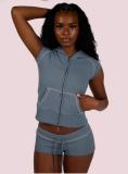 Waffle Hooded Zipper Top Drawstring Shorts Two Piece Set