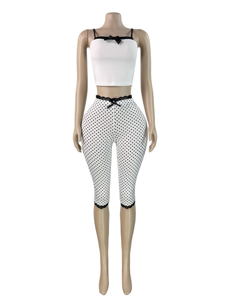 Bow tie camisole top+printed lace five quarter pants two-piece set