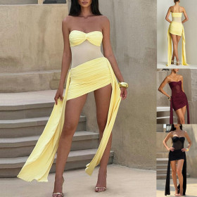 Mesh patchwork ribbon solid color strapless dress