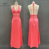 Long deep V-stitch neck and waist cinching dress