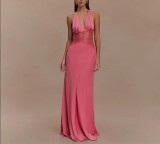 Long deep V-stitch neck and waist cinching dress