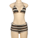 Neck tie striped bikini three piece set K25S67371