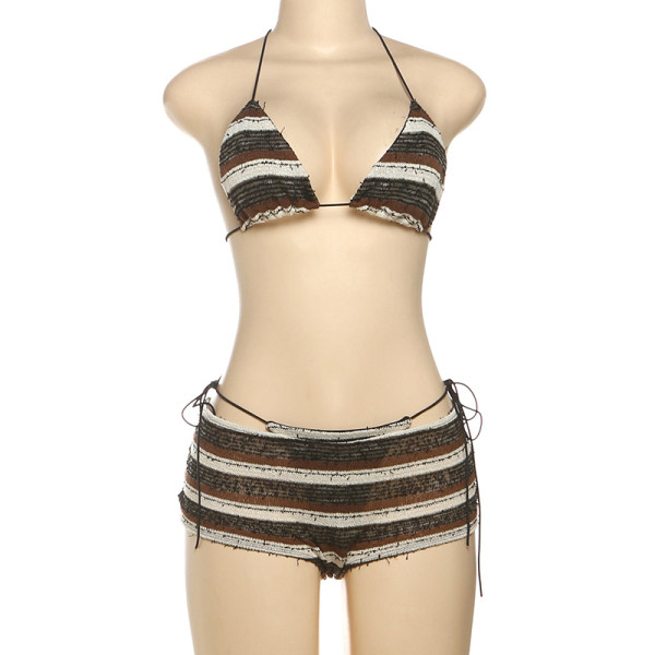 Neck tie striped bikini three piece set K25S67371