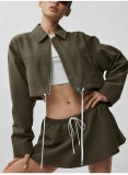 Waist rope strip breathable stand up collar zipper jacket short skirt set A1038521405247